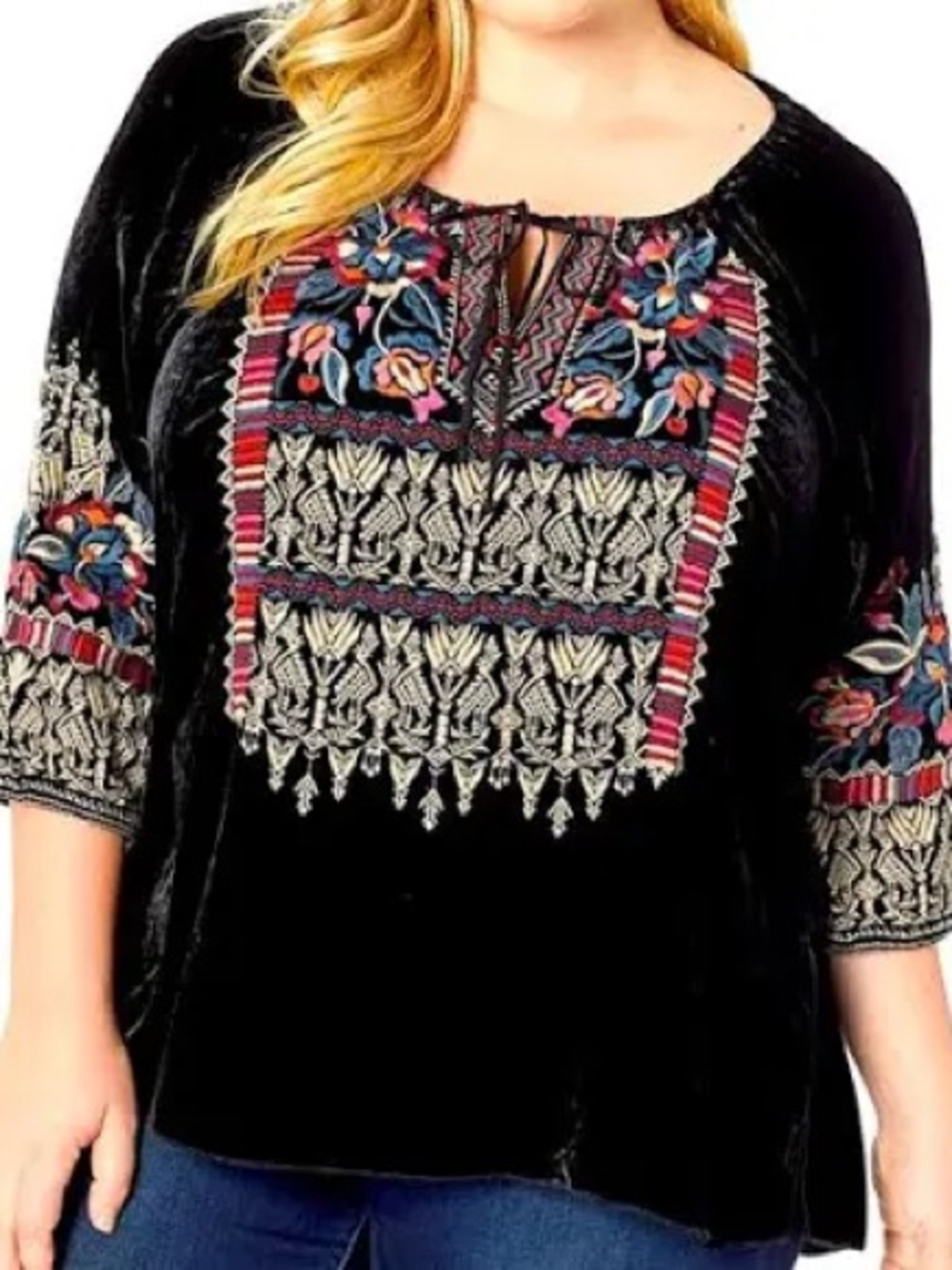 Johnny Was Claude Black Embroidered Velvet Peasant Blouse Size Large